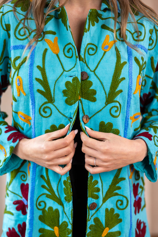 MALIKA COAT - Suzani Embroidery Turquoise Blue With Green Embroidery