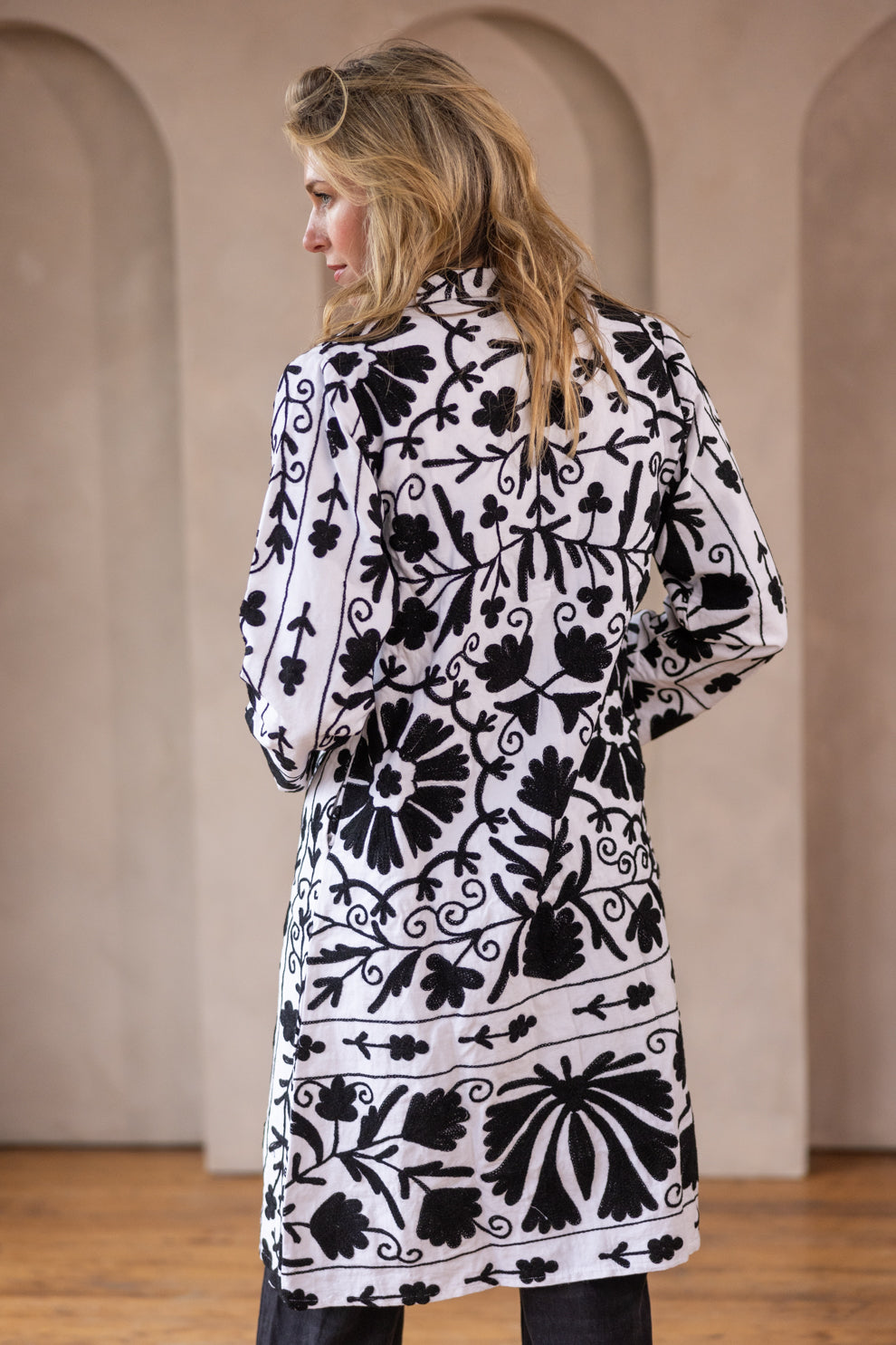 MALIKA COAT - Suzani Embroidery BLACK & WHITE