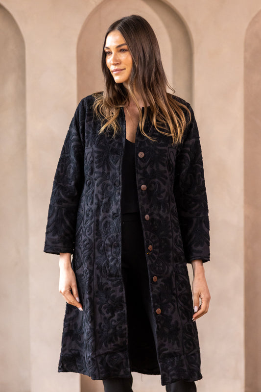 MALIKA COAT - Black on Black Embroidery