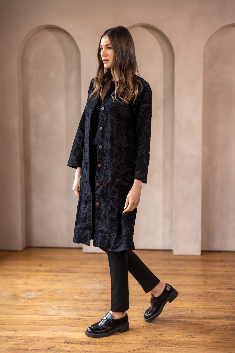 MALIKA COAT - Black on Black Embroidery