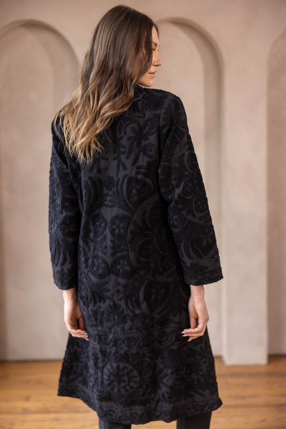 MALIKA COAT - Black on Black Embroidery