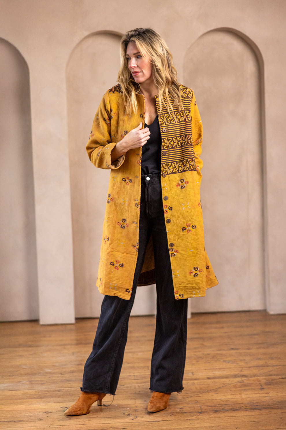 HIRA COAT - Vintage Kantha Coat - Yellow - M