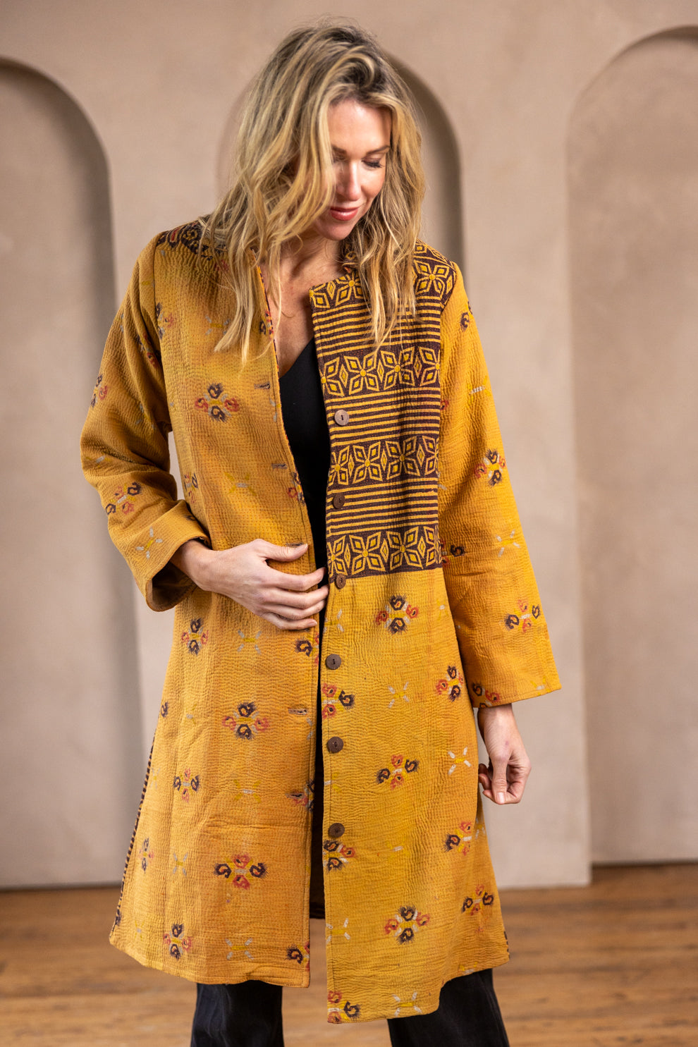 HIRA COAT - Vintage Kantha Coat - Yellow - M