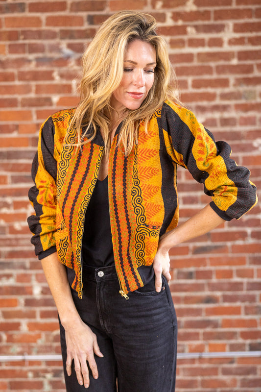 Nadia Bomber Jacket  | Vintage Kantha - Golden Ember (L)