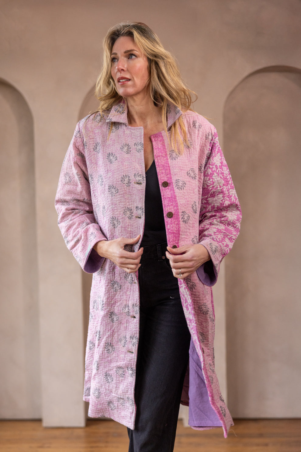 HIRA COAT - Vintage Kantha Coat - Pink  - XL