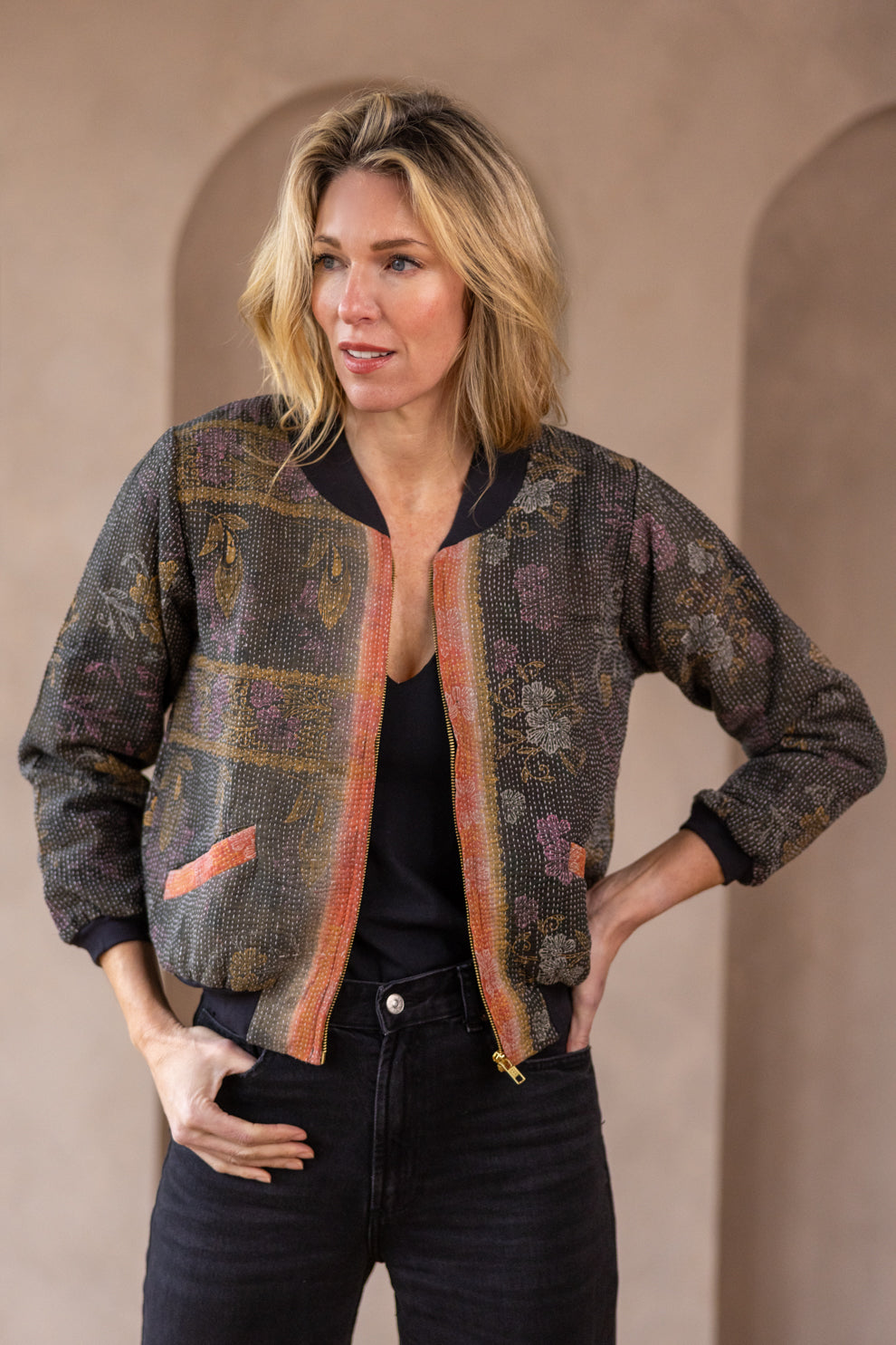 Nadia Bomber Jacket  | Vintage Kantha - Midnight Floral (L)