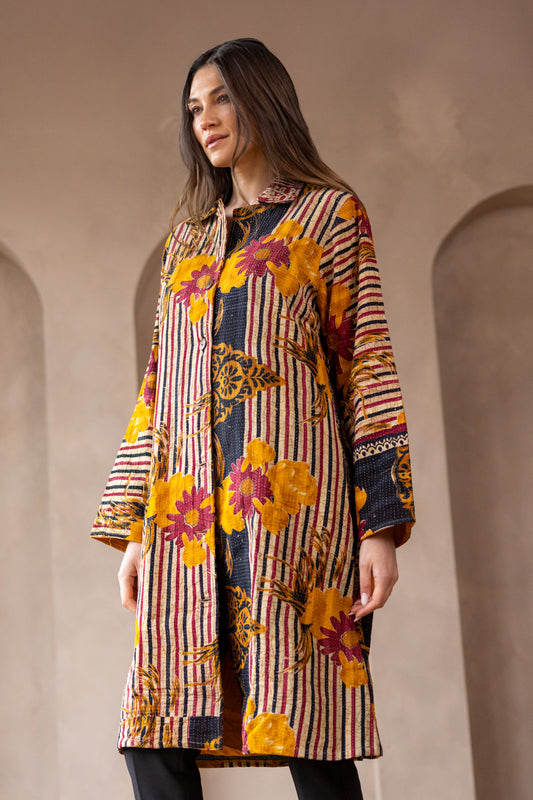 HIRA COAT - Vintage Kantha Coat - Floral & Stripes - L