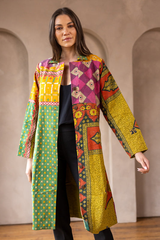 HIRA COAT - Vintage Kantha Coat - Green & Yellow - M