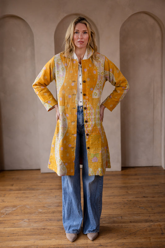 HIRA COAT - Vintage Kantha Coat - Yellow - L