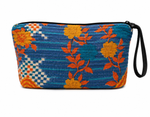 A rectangular zippered pouch with a black wrist strap, featuring a vibrant blue and orange floral pattern with geometric accents, set against a plain white background. 3