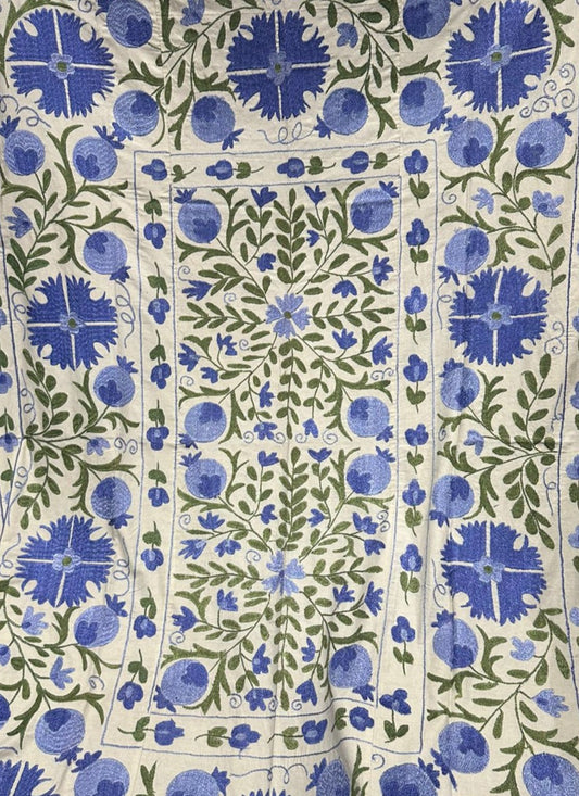 GUL COAT - Suzani Embroidered From Uzbekistan - BLUE ON WHITE - XXL