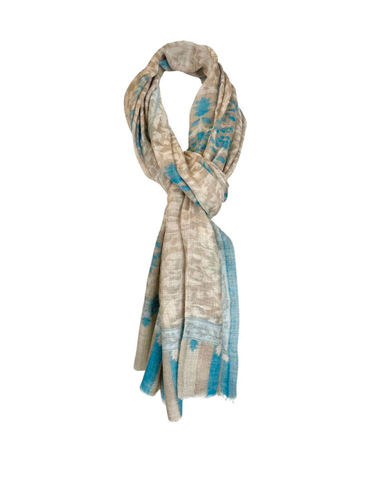 Cashmere Scarf - Beige & Blue Kani Floral