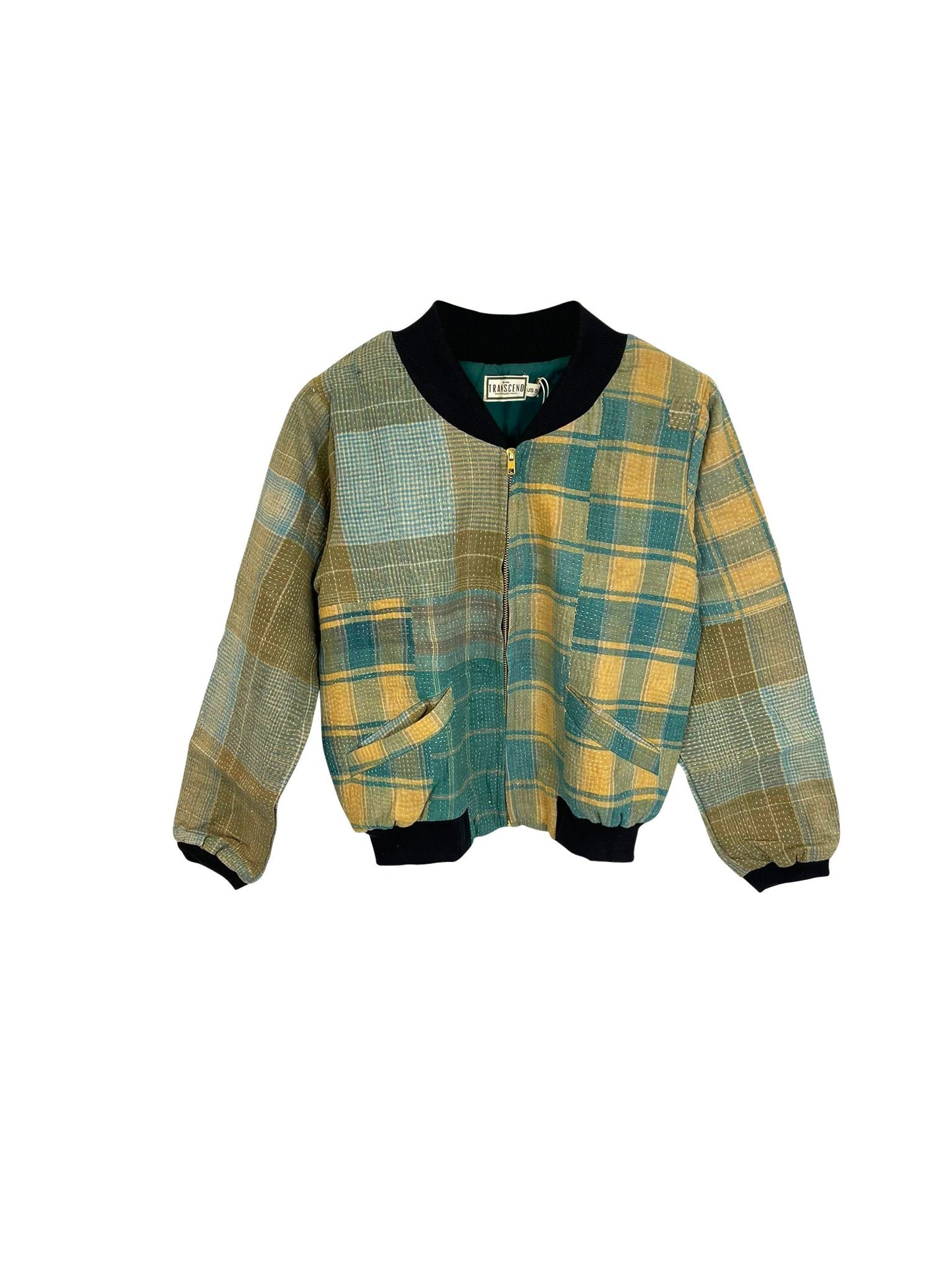 Nadia Bomber Jacket  | Vintage Kantha - Blue Plaid (S)