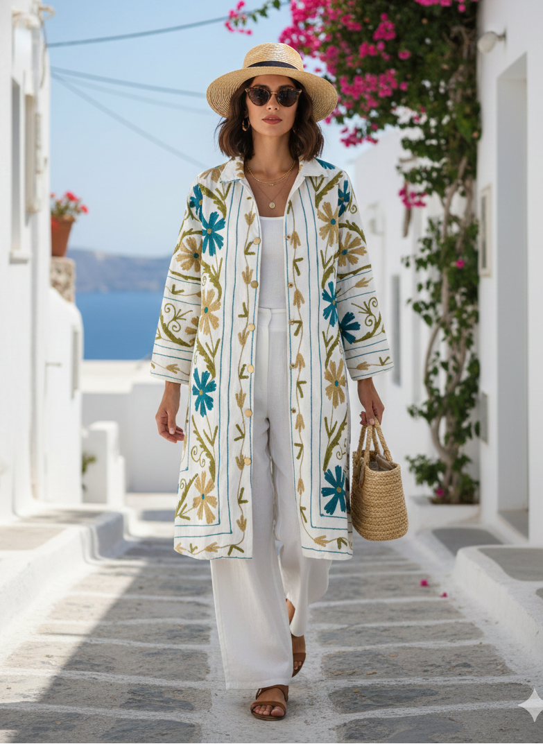 Woman in a floral coat and straw hat standing on a sunlit street with flowers and ocean view.
