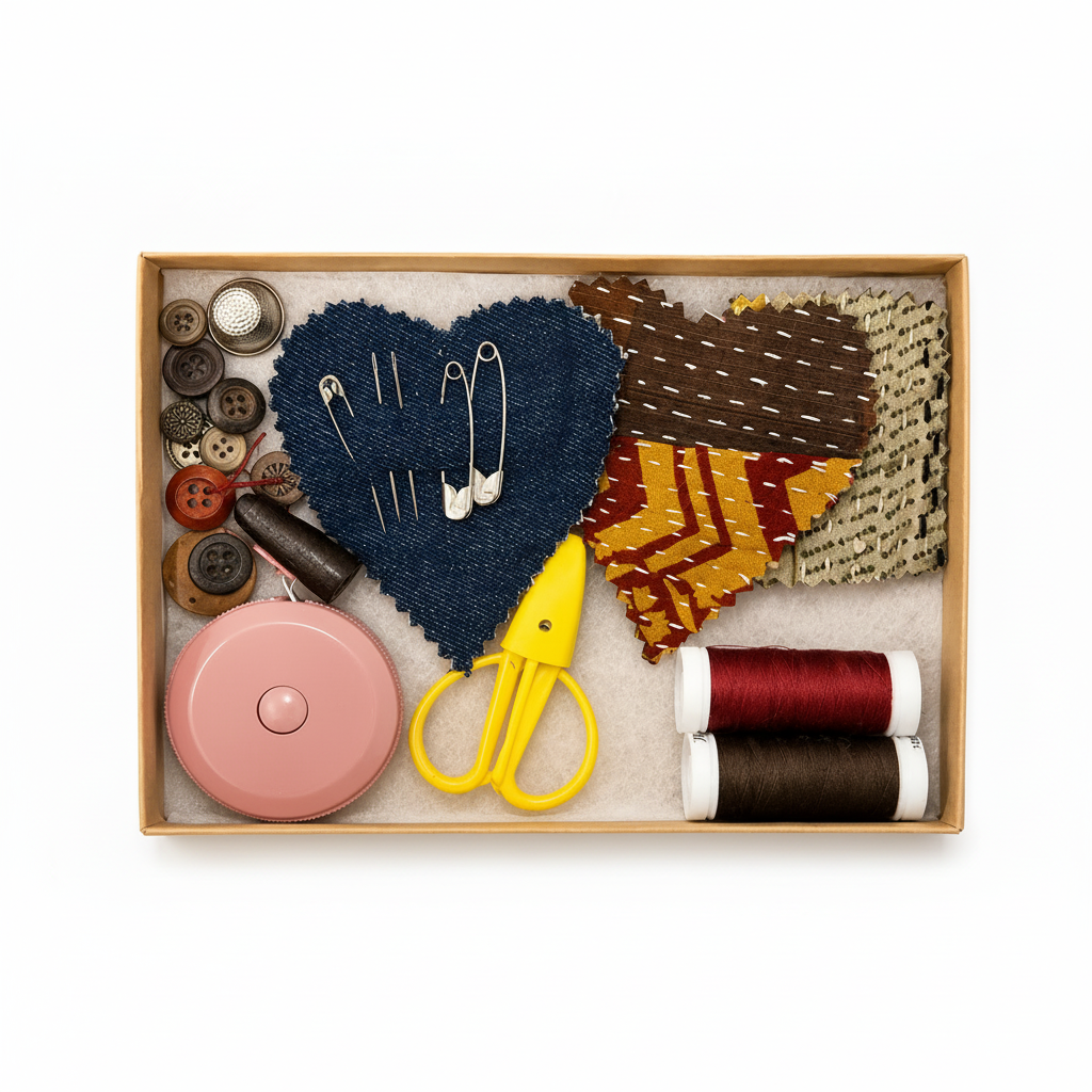 A sewing kit in a rectangular wooden box with a cream lining, containing a heart-shaped denim fabric piece with pins, patterned fabric pieces, a pink spool of thread, yellow-handled scissors, and two additional thread spools.