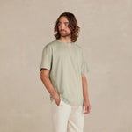 Man wearing a light green t-shirt, white pants, and black sneakers against a beige background 11