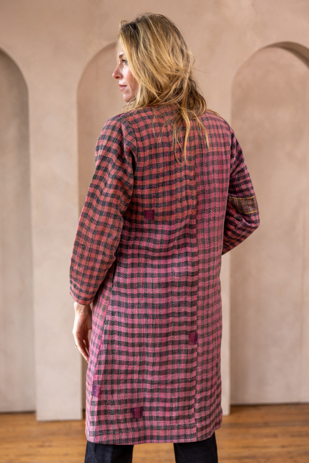 HIRA COAT - Vintage Kantha Coat - Pink Plaid - M