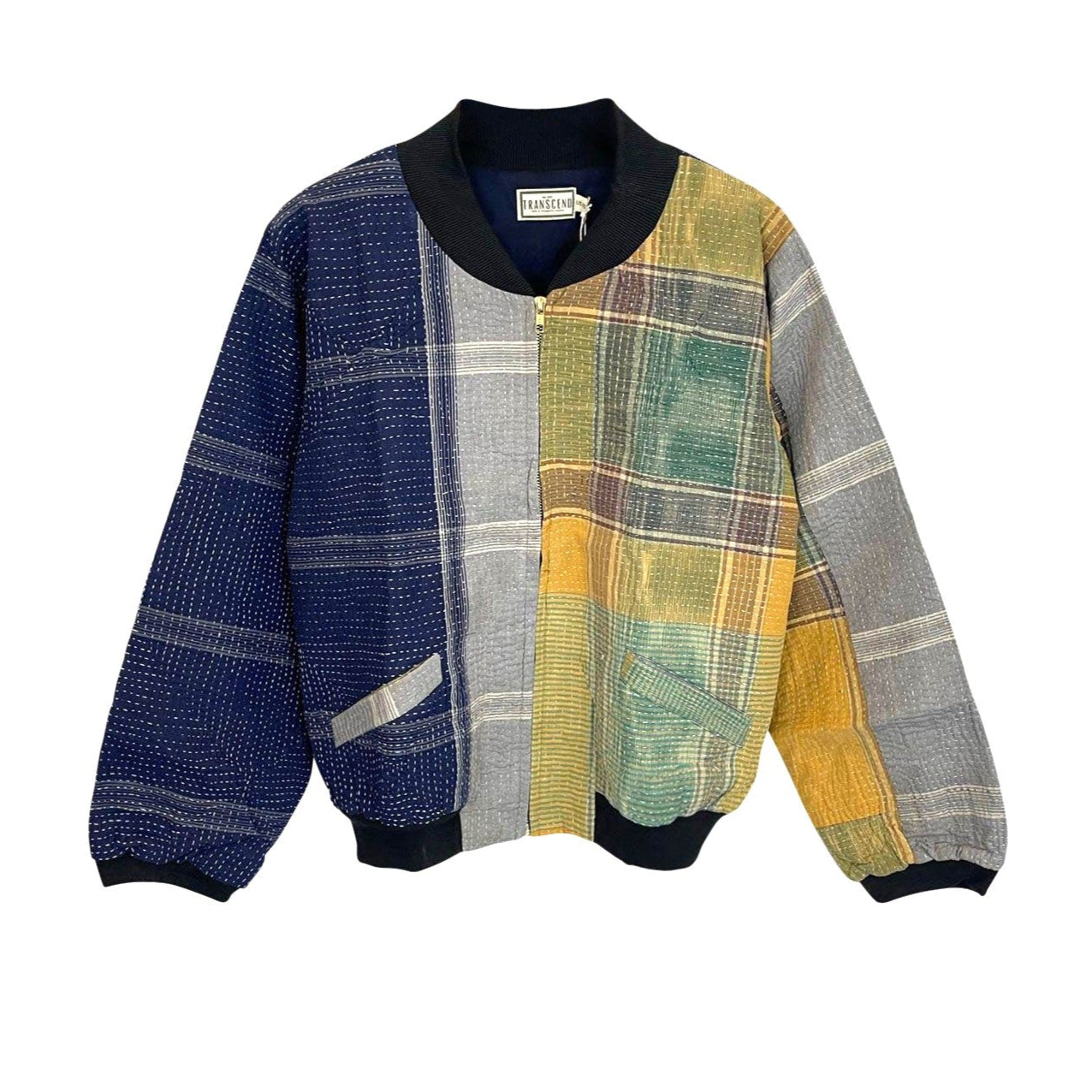 Nadia Bomber Jacket  | Vintage Kantha - Navy & Yellow Plaid (XL)