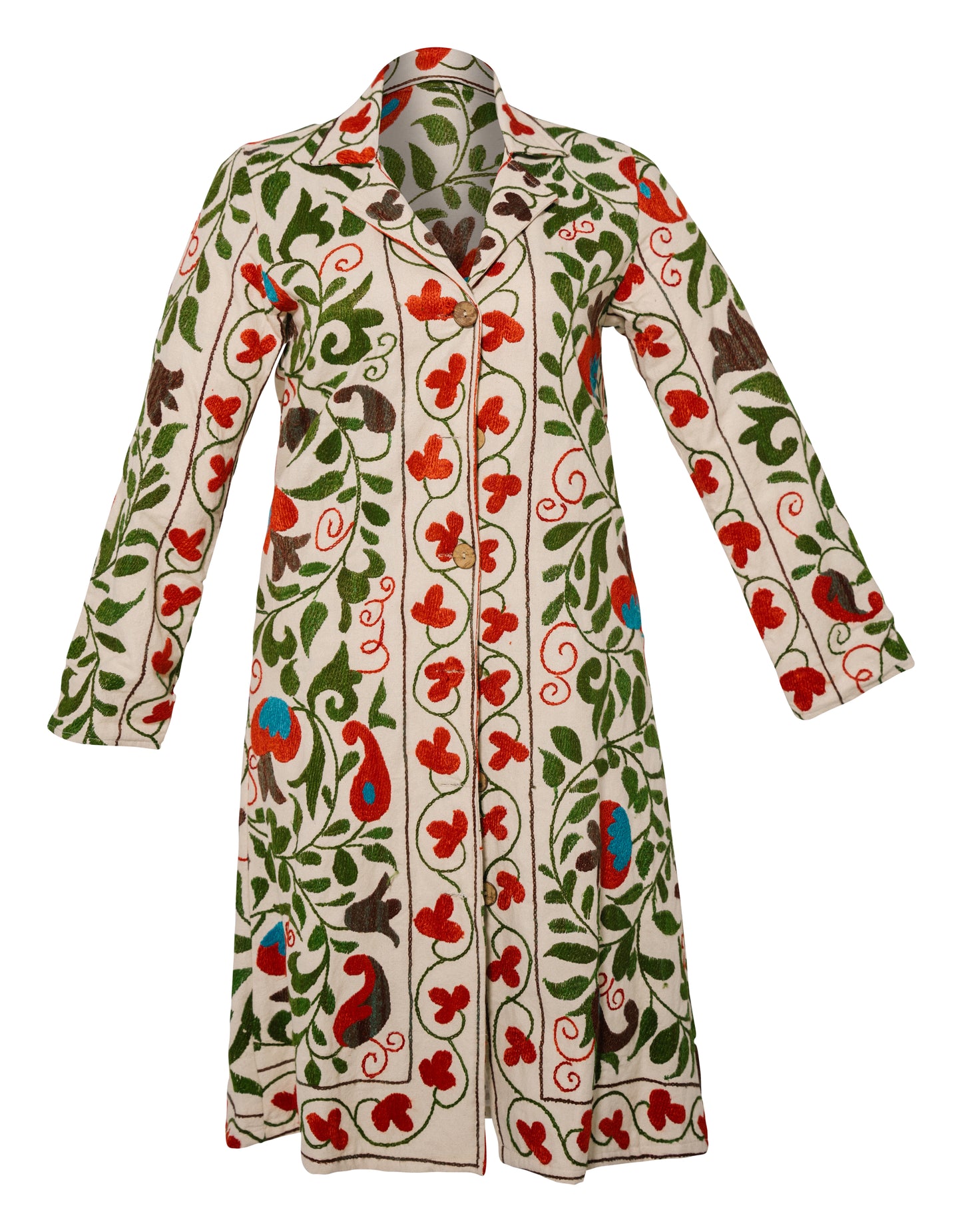 GUL COAT - Suzani Embroidered From Uzbekistan - GREEN ON WHITE - LARGE