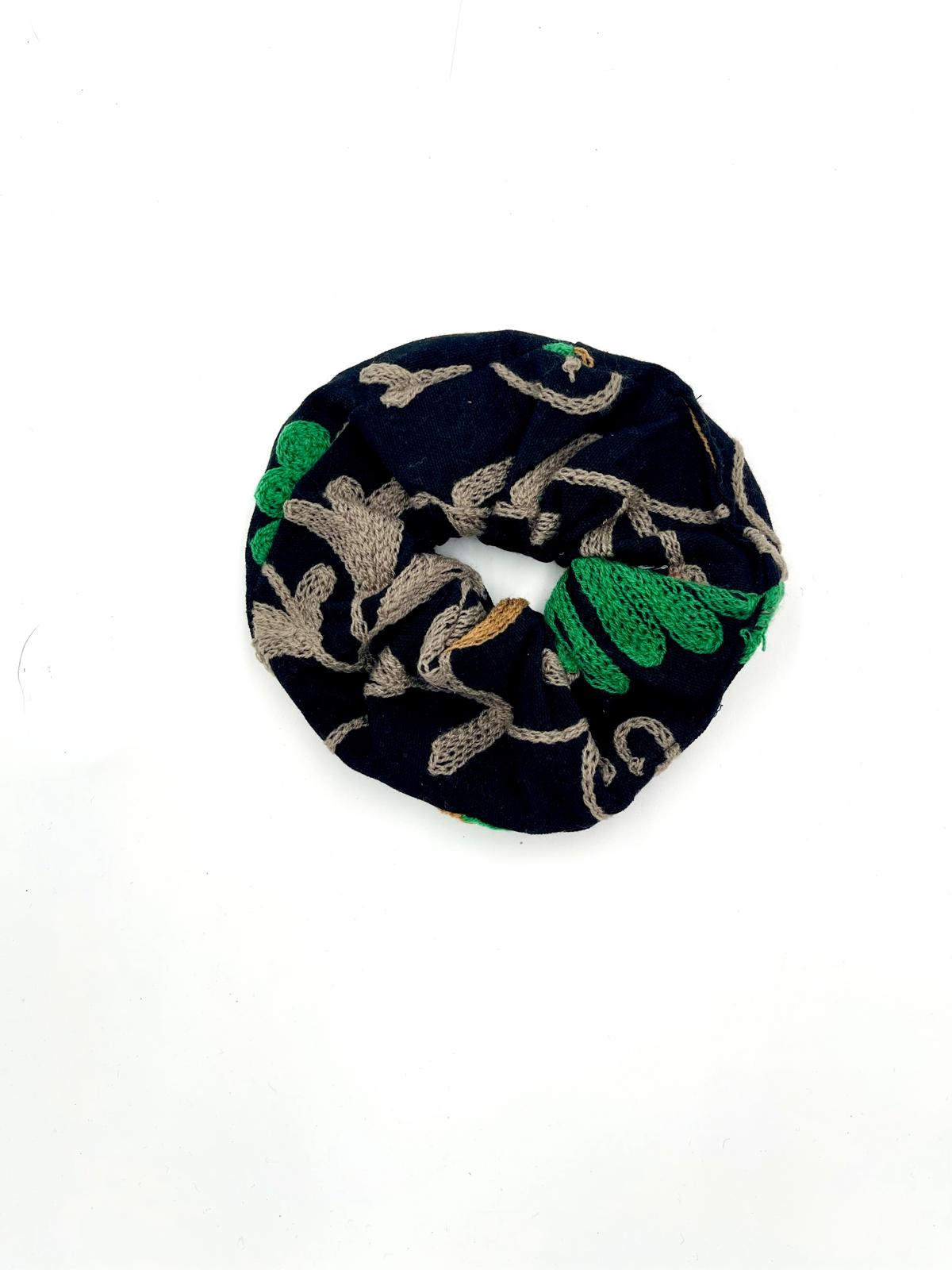 Embroidered Oversized Scrunchie - Suzani Embroidery Black With Green