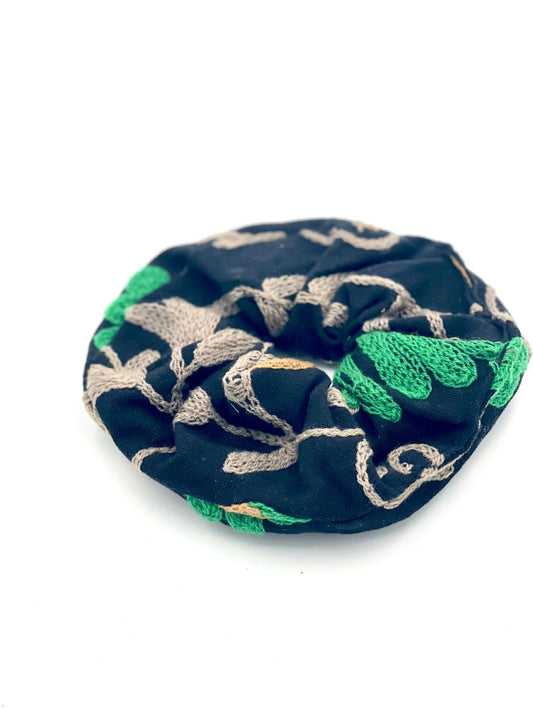 Embroidered Oversized Scrunchie - Suzani Embroidery Black With Green