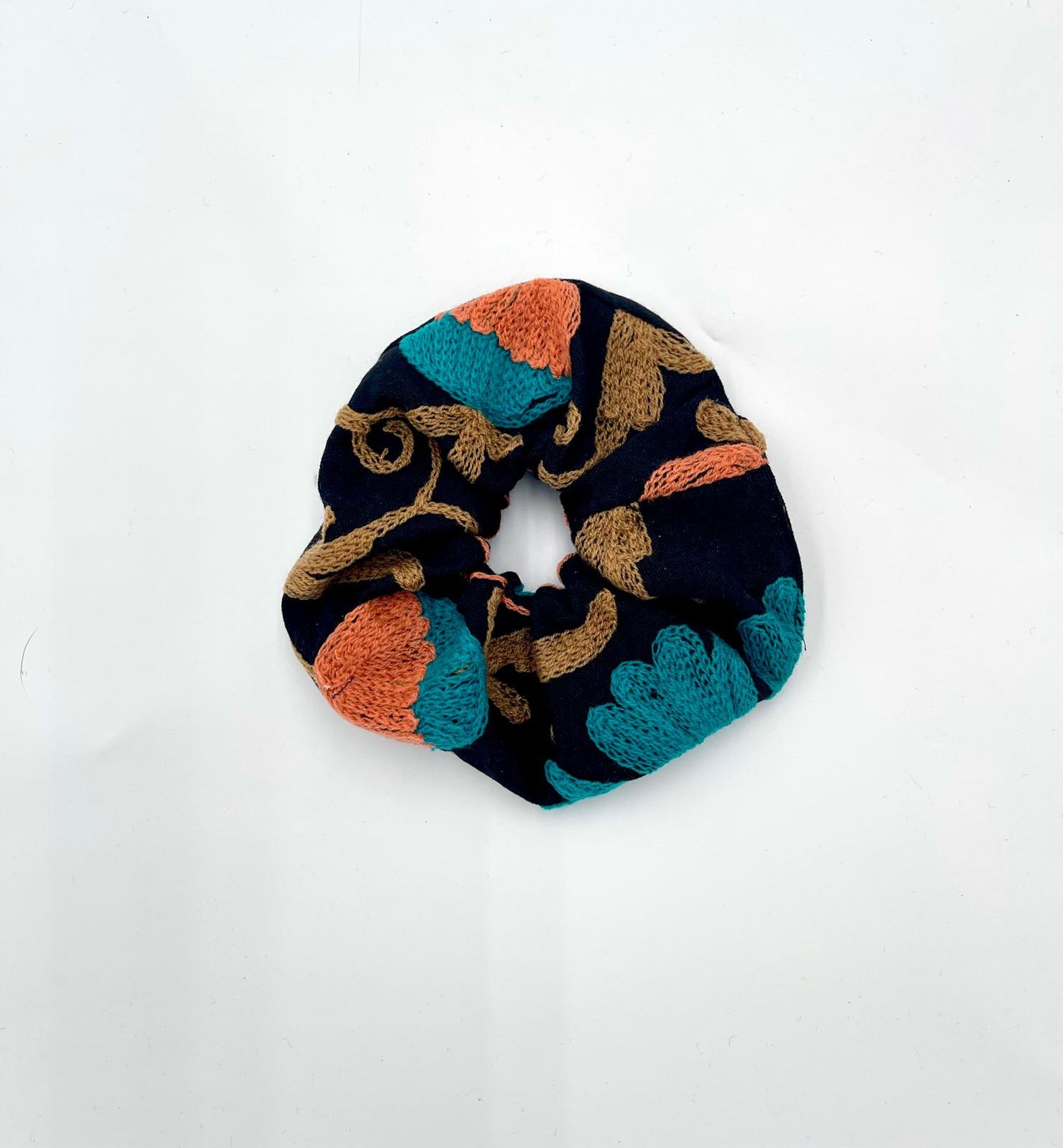 Embroidered Oversized Scrunchie - Suzani Embroidery Black With Teal