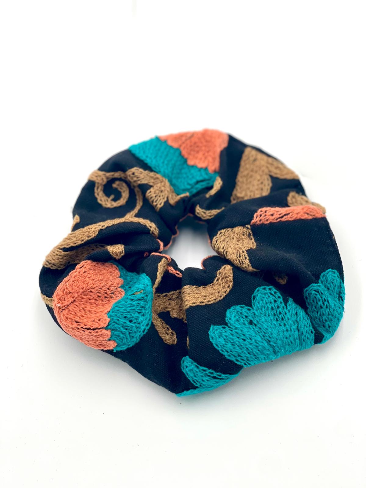 Embroidered Oversized Scrunchie - Suzani Embroidery Black With Teal