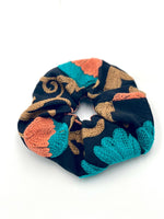 Embroidered Oversized Scrunchie - Suzani Embroidery Black With Teal 1