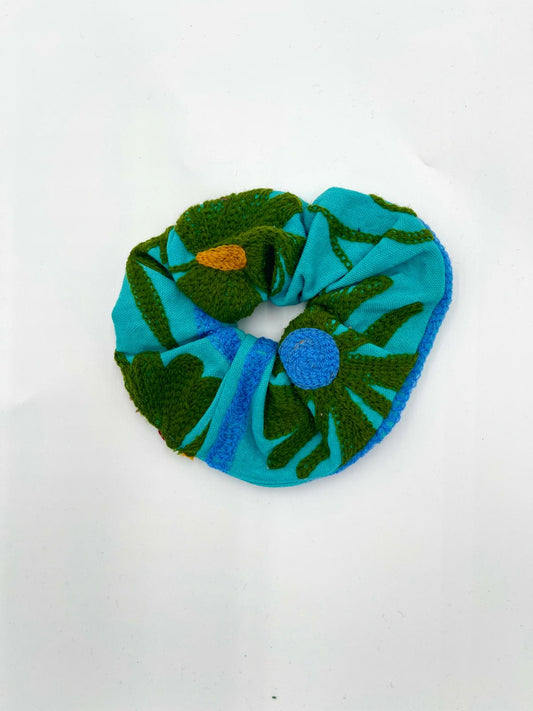 Embroidered Oversized Scrunchie - Suzani Embroidery Turquoise Blue