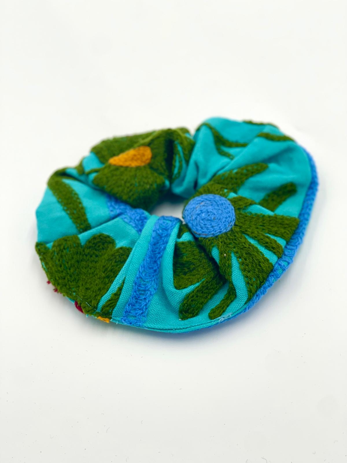 Embroidered Oversized Scrunchie - Suzani Embroidery Turquoise Blue