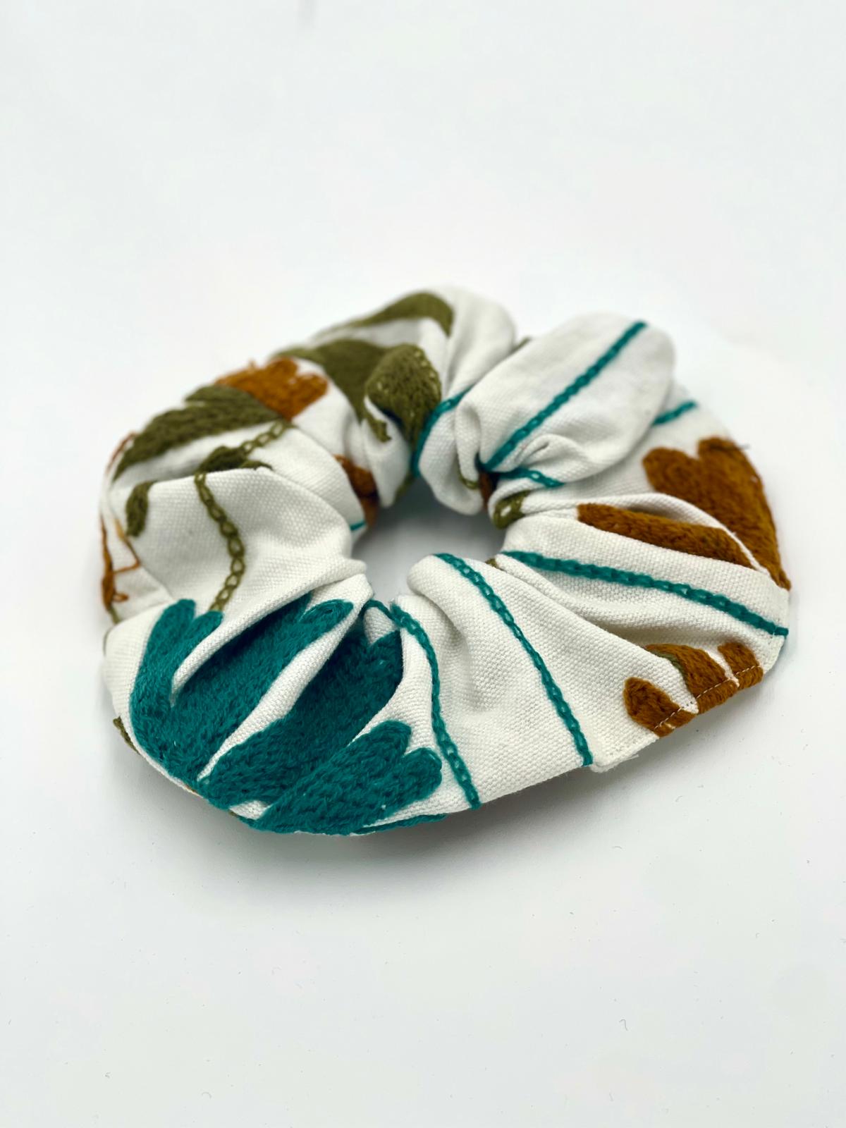 Embroidered Oversized Scrunchie - White With Multi-Color Emb