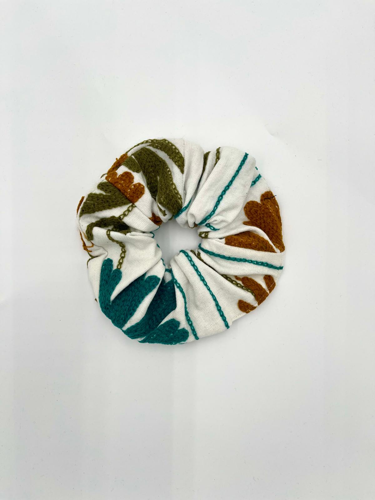 Embroidered Oversized Scrunchie - White With Multi-Color Emb