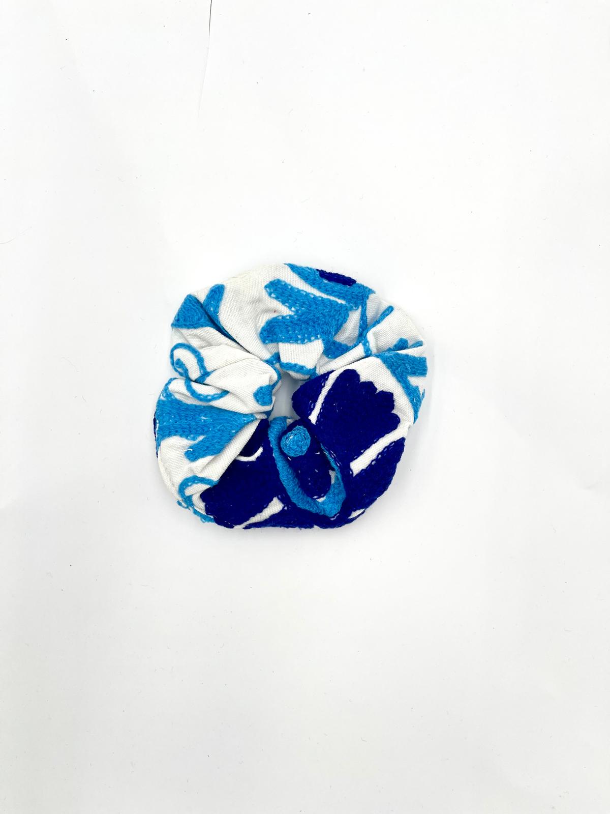 Embroidered Oversized Scrunchie - Blue & White Embroidery