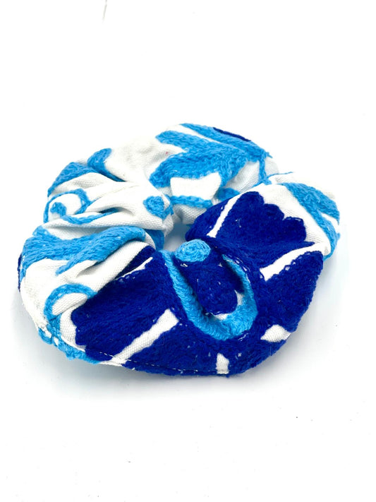 Embroidered Oversized Scrunchie - Blue & White Embroidery