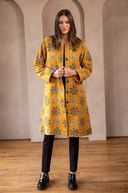 HIRA COAT - Upcycled Kantha Coat - Yellow - Large