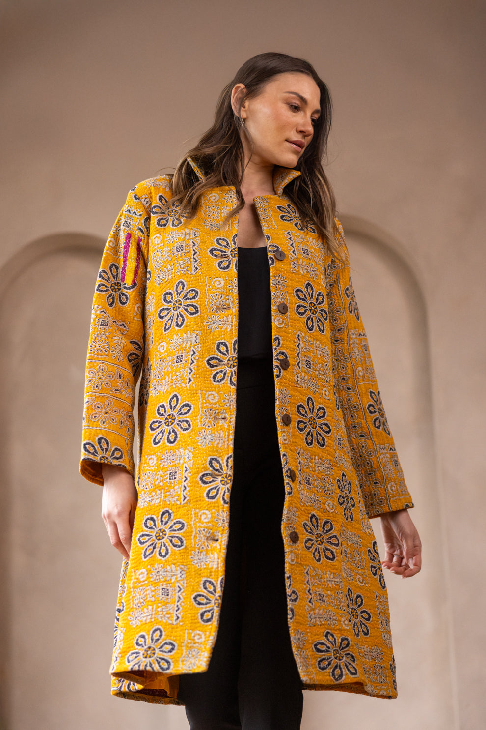 HIRA COAT - Upcycled Kantha Coat - Yellow - Large