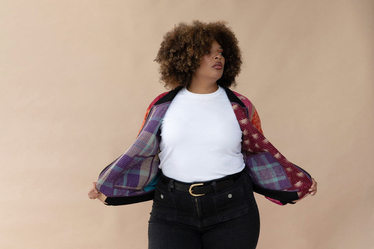 Anjali Reversible Kantha Bomber - XL — reversible side, front