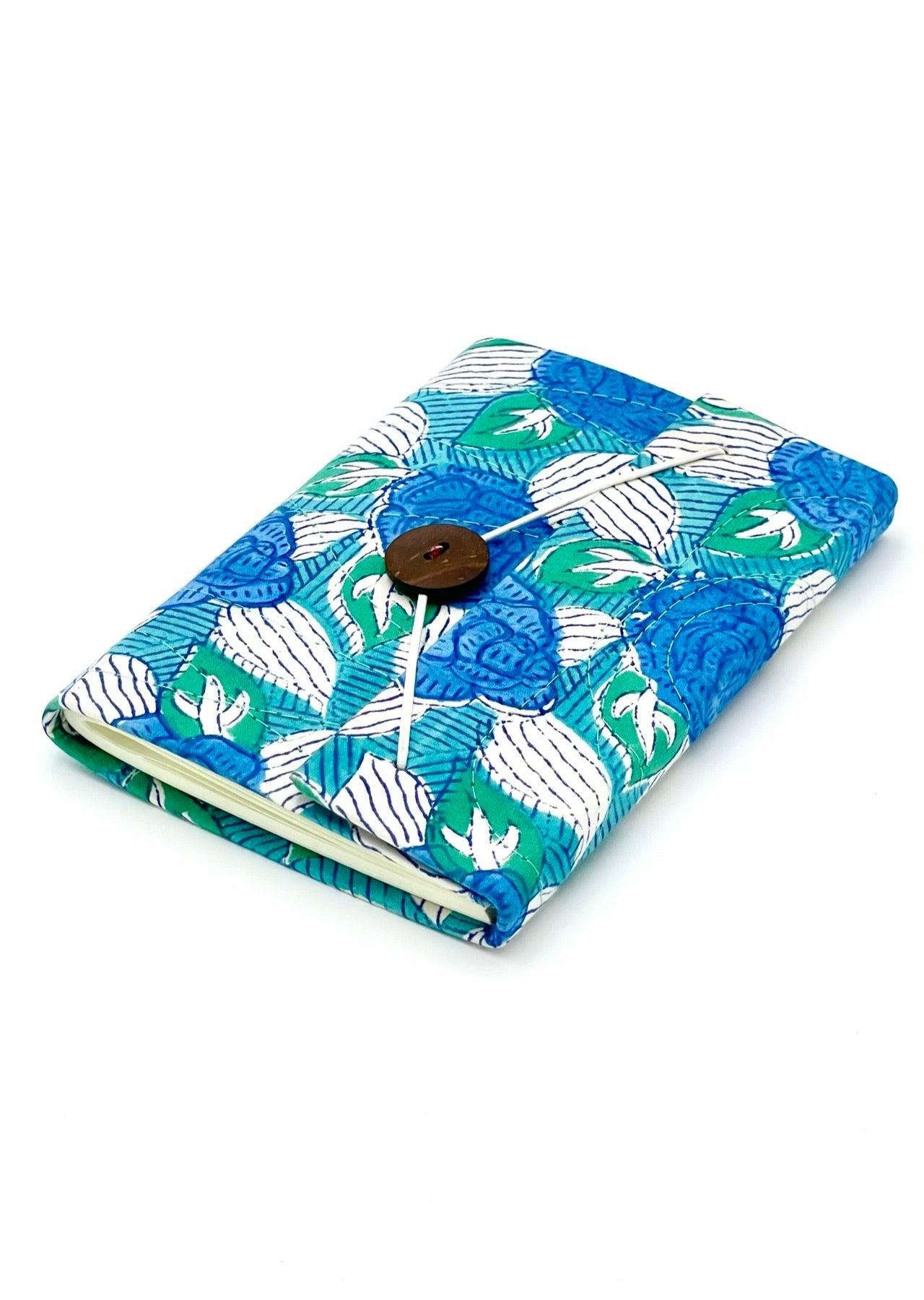 Block Print Journal/Notebook, Blue & Green Leaves - Unlined, 100 Pages, Thick Paper, Hard Cover - Transcend