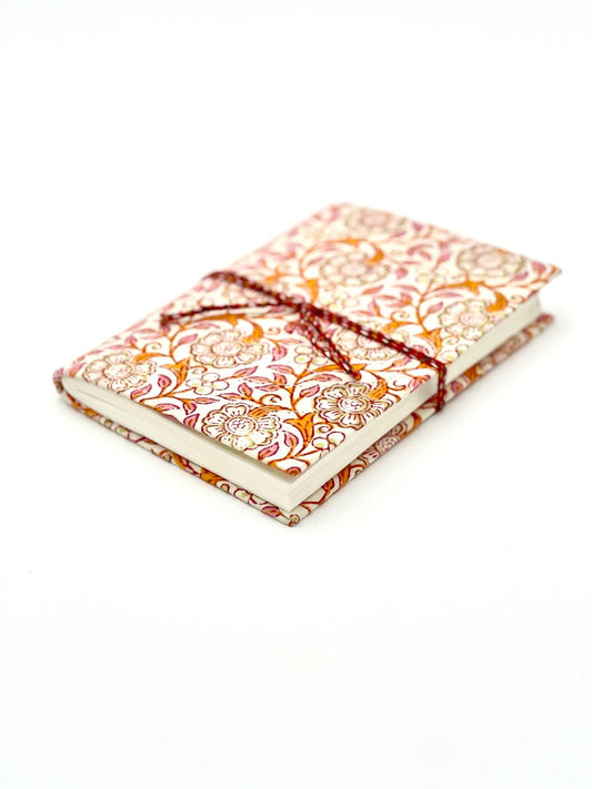 Block Print Journal/Notebook, Orange & Pink Floral - Unlined, 100 Pages, Thick Paper, Hard Cover - Transcend