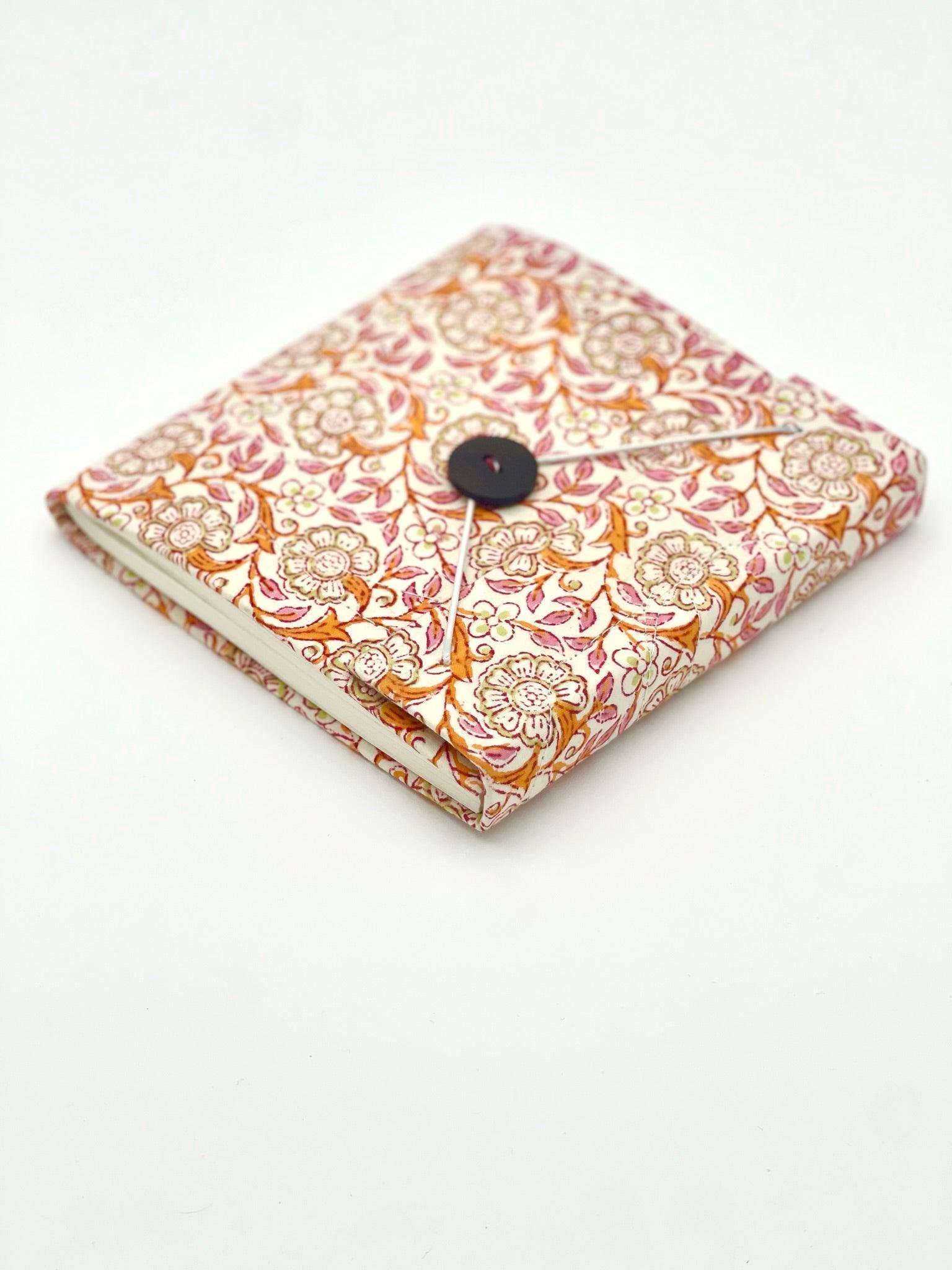 Block Print Journal/Notebook, Orange & Pink Floral - Unlined, 100 Pages, Thick Paper, Hard Cover - Transcend