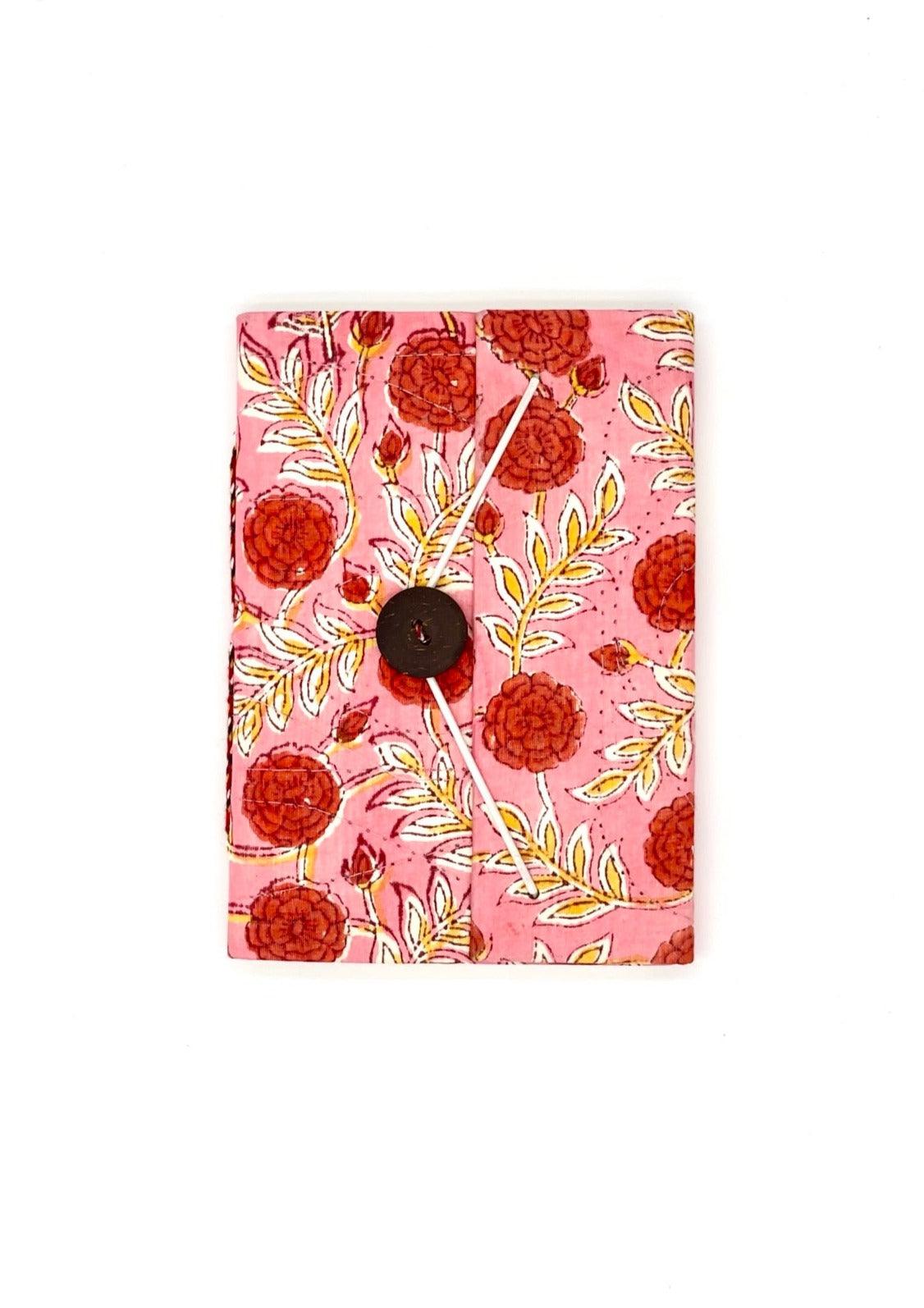 Block Print Journal/Notebook, Pink Dahlia Floral - Unlined, 100 Pages, Thick Paper, Hard Cover - Transcend