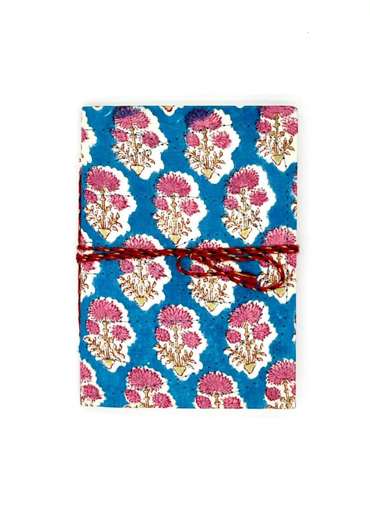 Block Print Journal/Notebook, Teal Blue & Pink Floral - Unlined, 100 Pages, Thick Paper, Hard Cover - Transcend