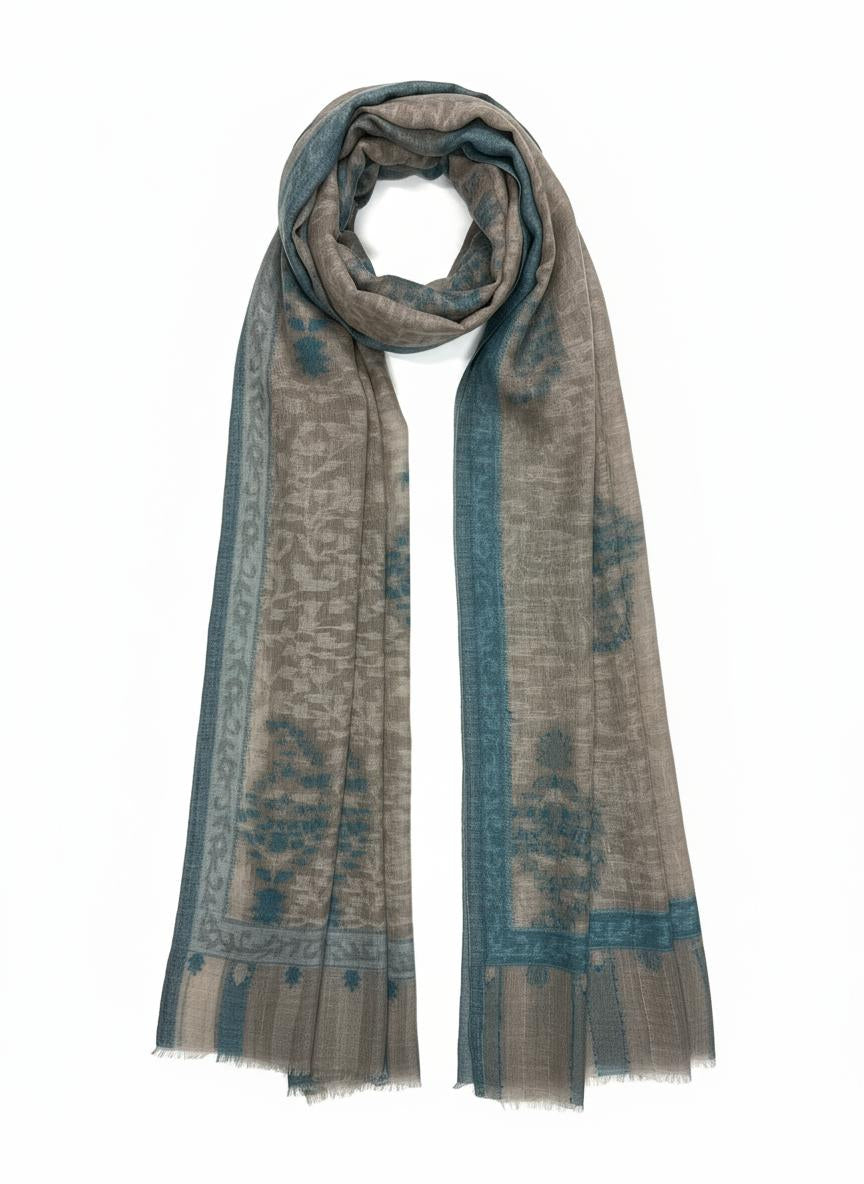 Cashmere Scarf - Beige & Blue Kani Floral