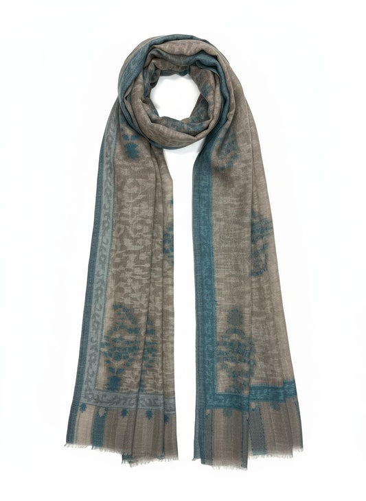 Cashmere Scarf - Beige & Blue Kani Floral