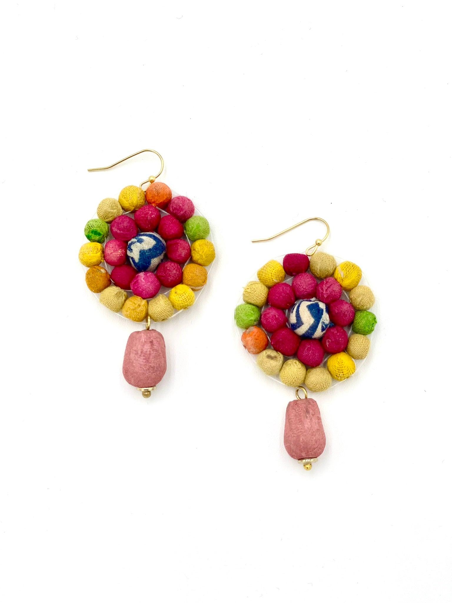 Fair Trade, Daisy Drop Earrings with Upcycled Cotton Fabric - Transcend