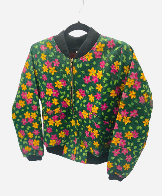 Floral Green Check Vintage Kantha Bomber Jacket - Transcend