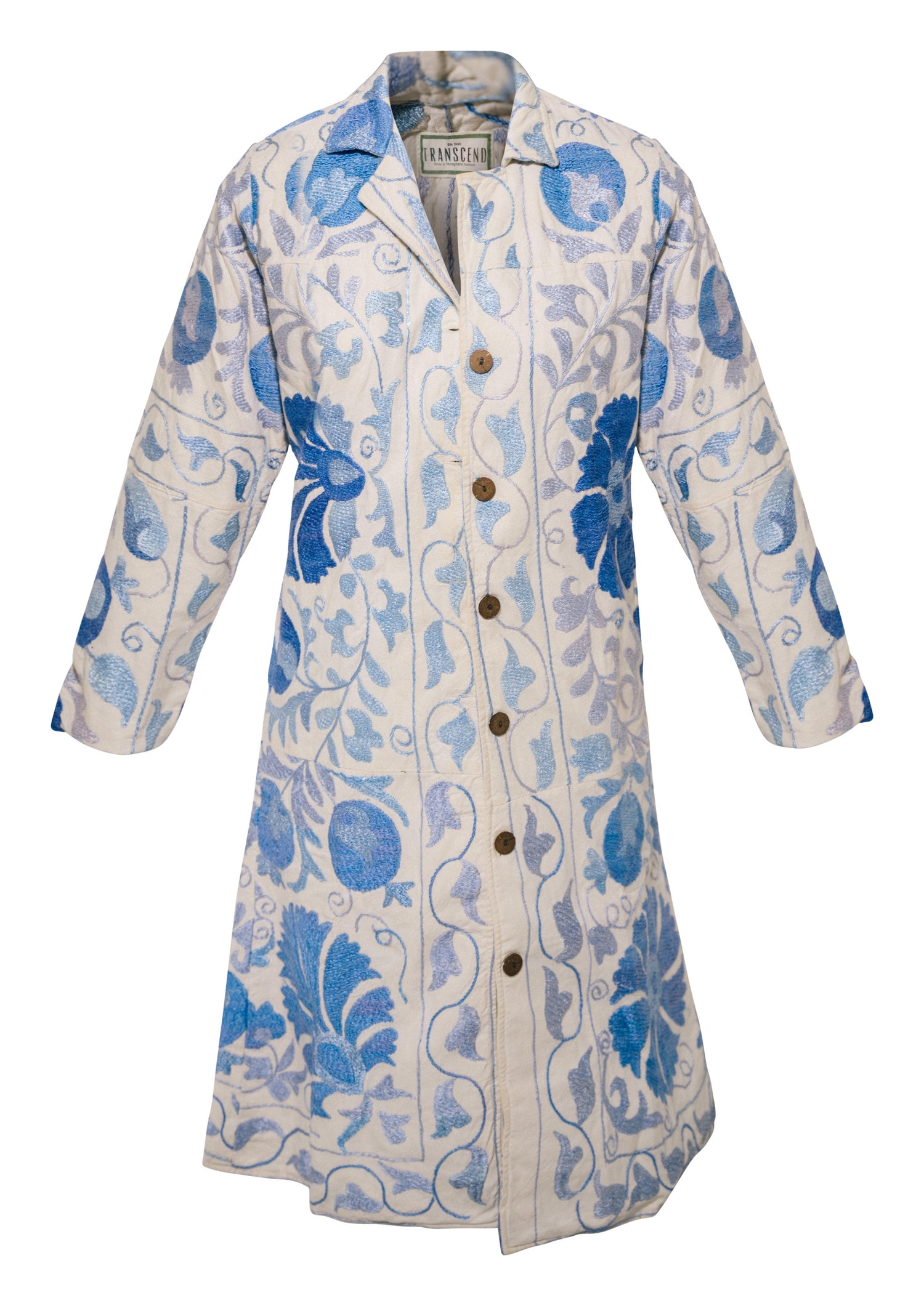 GUL COAT - Suzani Embroidered From Uzbekistan - BLUE ON WHITE - SMALL - Transcend