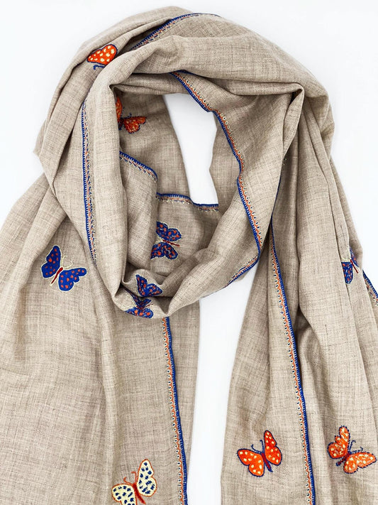 Handwoven 100% Pashmina - BROWN WITH BUTTERFLY EMBROIDERY - Transcend