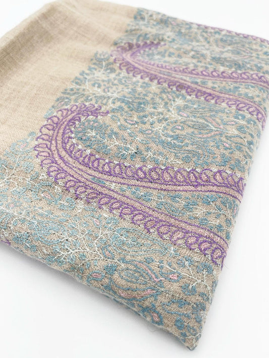 Handwoven 100% Pashmina SHAWL - LIGHT BROWN WITH PURPLE EMBROIDERY - Transcend