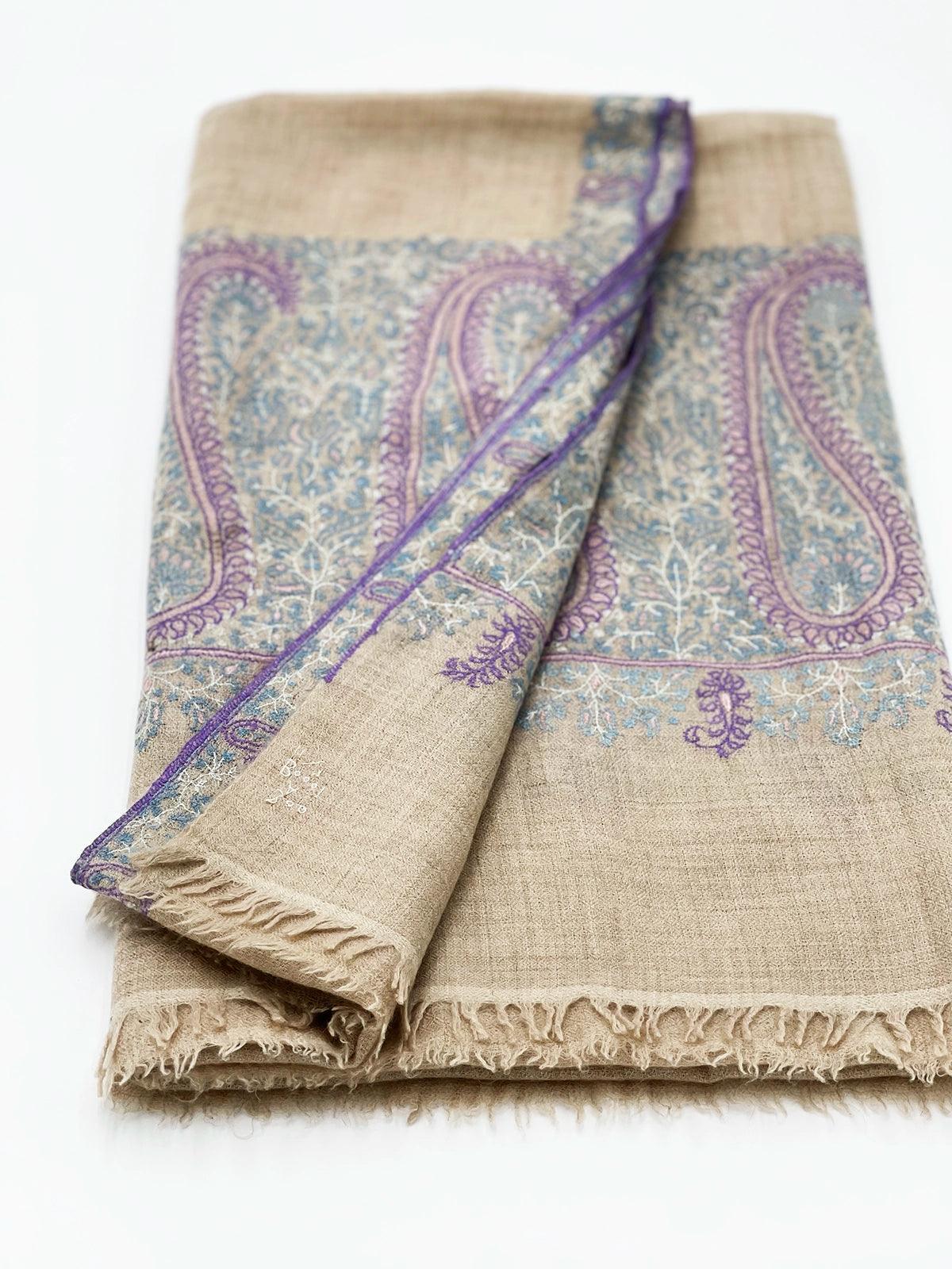 Handwoven 100% Pashmina SHAWL - LIGHT BROWN WITH PURPLE EMBROIDERY - Transcend